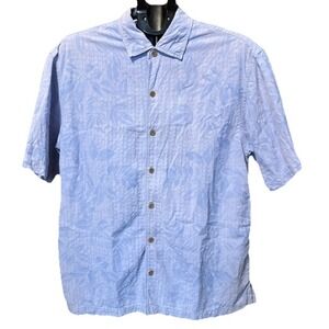 Tommy Bahama 100% Silk Shirt Mens L Blue Palm Leaf Hawaiian Camp Button Front